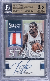 2012-13 Panini Select "Select Stars" Jersey Prime Autographs Prizm #1 Kevin Durant Signed Patch Card - BGS GEM MINT 9.5/BGS 10